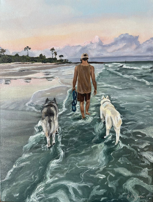 Man on the Beach with his dogs